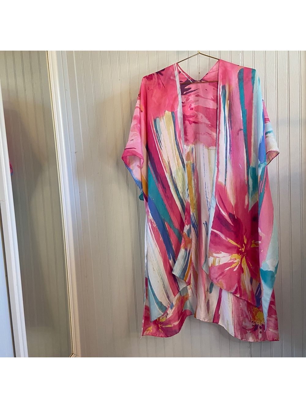 Artsy Kimono Boho Festival Fairy Floral Duster 70s Flowy CoverUp Silk Watercolor